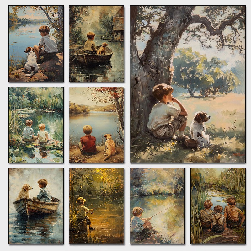 Outdoor Adventure With Kids - วินเทจบอยส์อาร์ตโปสเตอร์เด็กและสุนัขผจญภัยกลางแจ้งภาพวาดโบราณบ้านไร่พิมพ์ผ้าใบตกแต่งห้องนอนเด็กเนอสเซอรี่