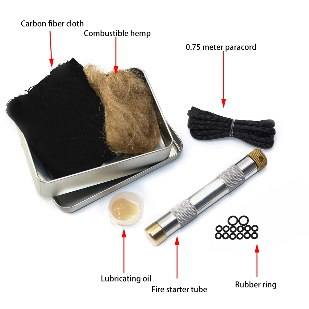 Fire Piston Starter - ชุดเครื่องมือจุดไฟแบบลูกสูบสำหรับตั้งแคมป์กลางแจ้ง ท่อดับเพลิงแบบบีบอัดอากาศ เครื่องมือพกพาสำหรับการเอาตัวรอด